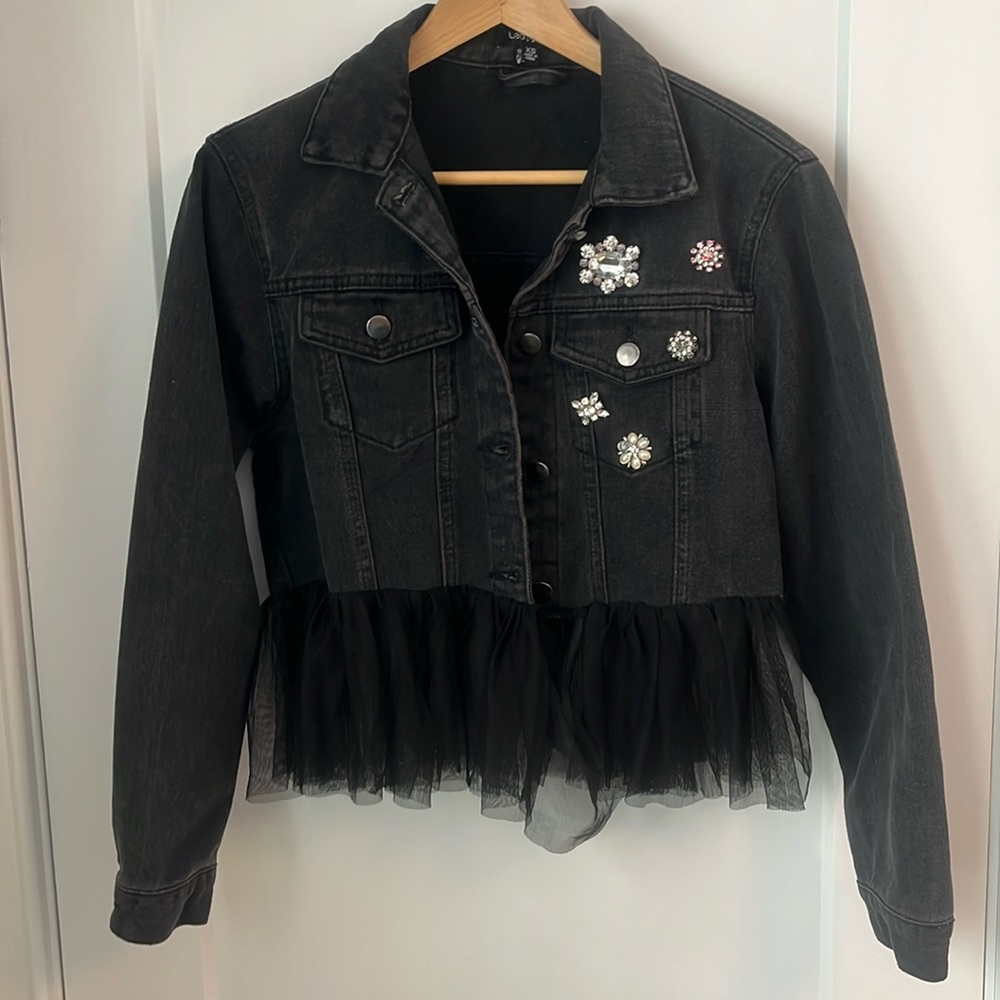 Lea & Viola denim cropped jacket with tulle and jewels